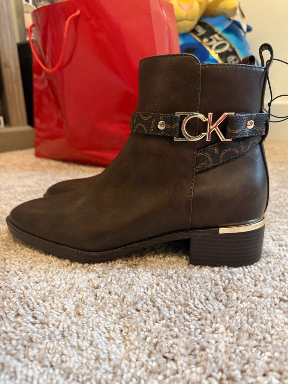 NWT Calvin Klein Women's Brown Leather Ankle Boots - CK Logo Strap, size 9.5